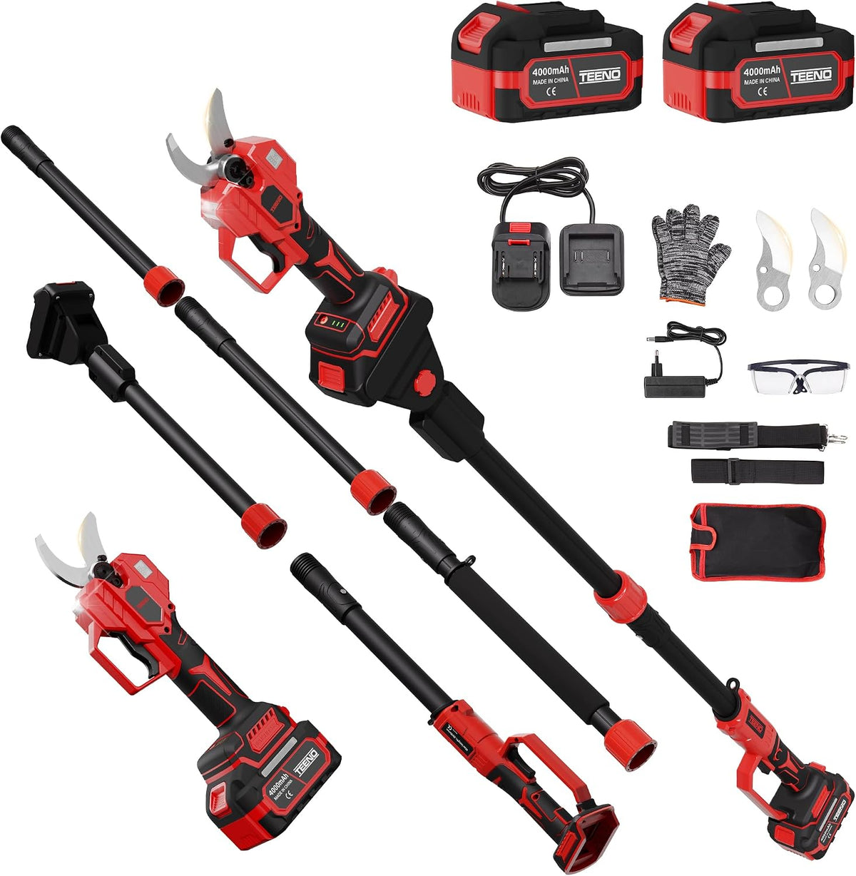 TEENO Sécateurset ciseaux, 4.3 m – 50 mm | 4,0 Ah, 1.05 m – Rouge/Noir | Sécateur Électrique Avec Perche, 2-en-1 Secateur Electrique Sans Fil