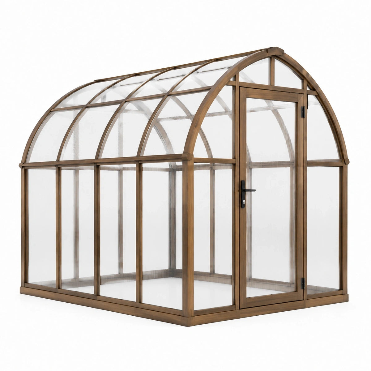 Serre de jardin à toit arqué 300 x 200 x 220 cm en aluminium marron et polycarbonate transparent avec porte