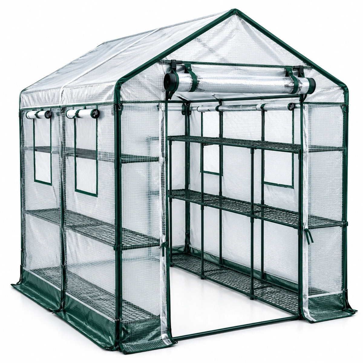 Serre de jardin transparente et vert foncé 143 x 143 x 195 cm avec 12 étagères