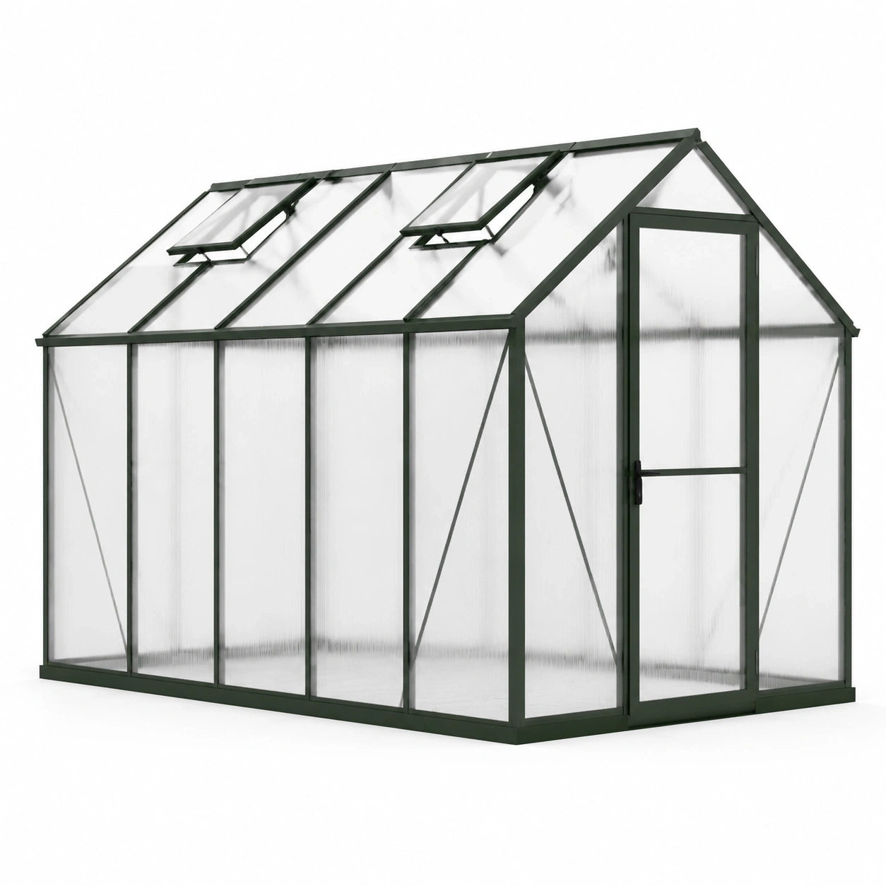 Serre de jardin en aluminium vert foncé et polycarbonate translucide, 244 x 185 x 205 cm, avec porte et 2 fenêtres ouvrantes