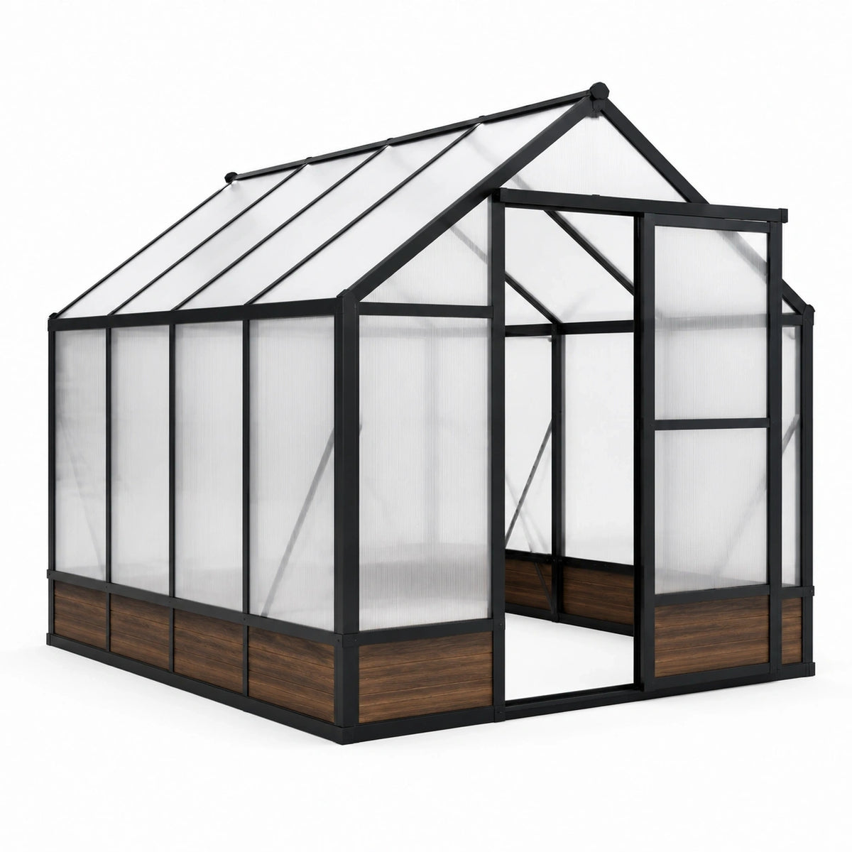 Serre de jardin 190 x 190 x 220 cm en polycarbonate translucide et métal noir avec porte et toit à deux pentes