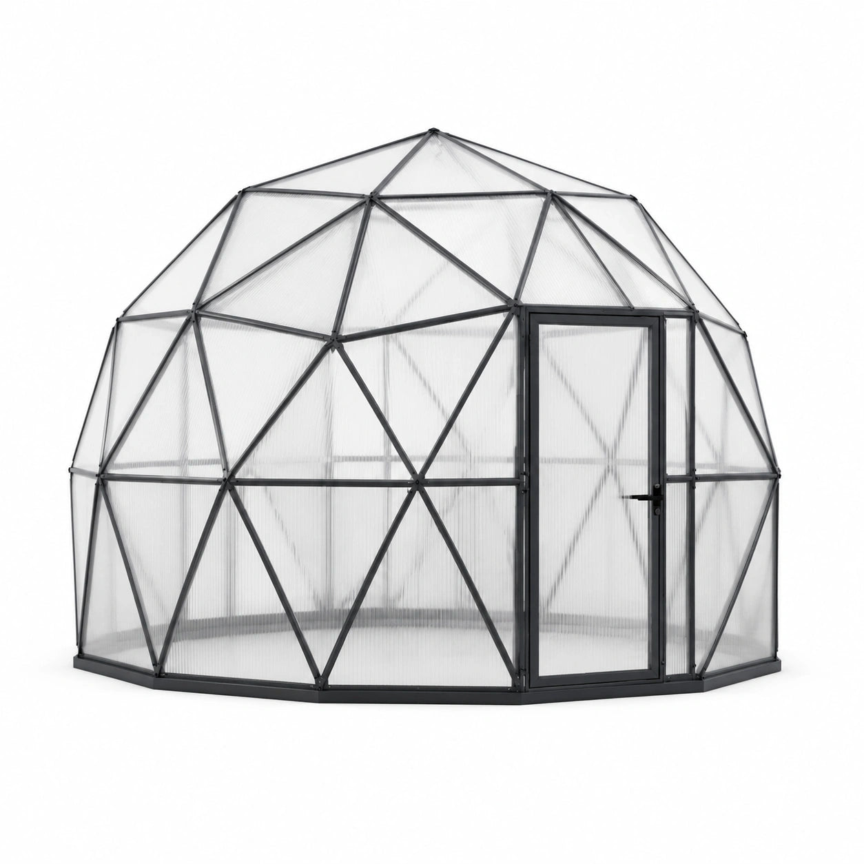 Serre géodésique en polycarbonate transparent et aluminium gris anthracite, diamètre 360 x hauteur 220 cm, avec porte