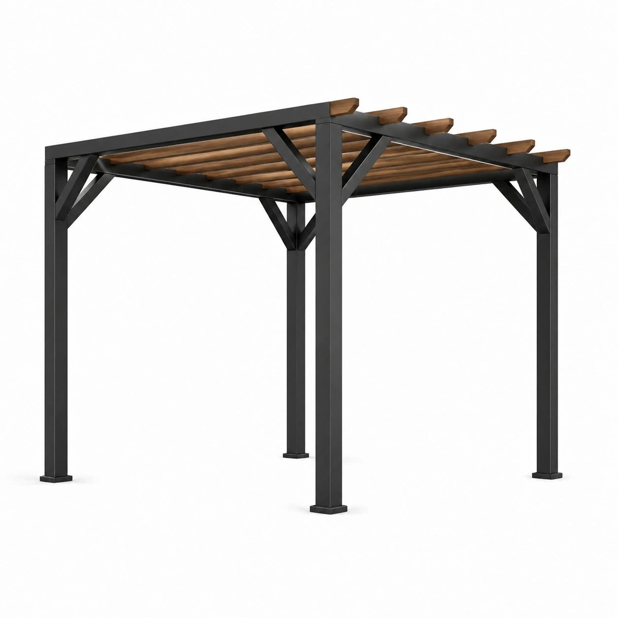 Pergola moderne en métal noir et bois brun avec toit ajouré, 300 x 300 x 250 cm
