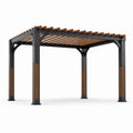 Pergola contemporaine en aluminium et bois, noir et brun, toit à lames ajourées, 400 x 300 x 250 cm