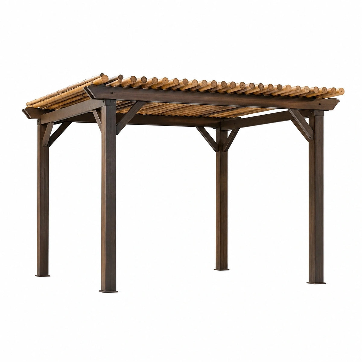 Pergola en bois brun foncé et bambou naturel avec toit ajouré, 300 x 300 x 250 cm