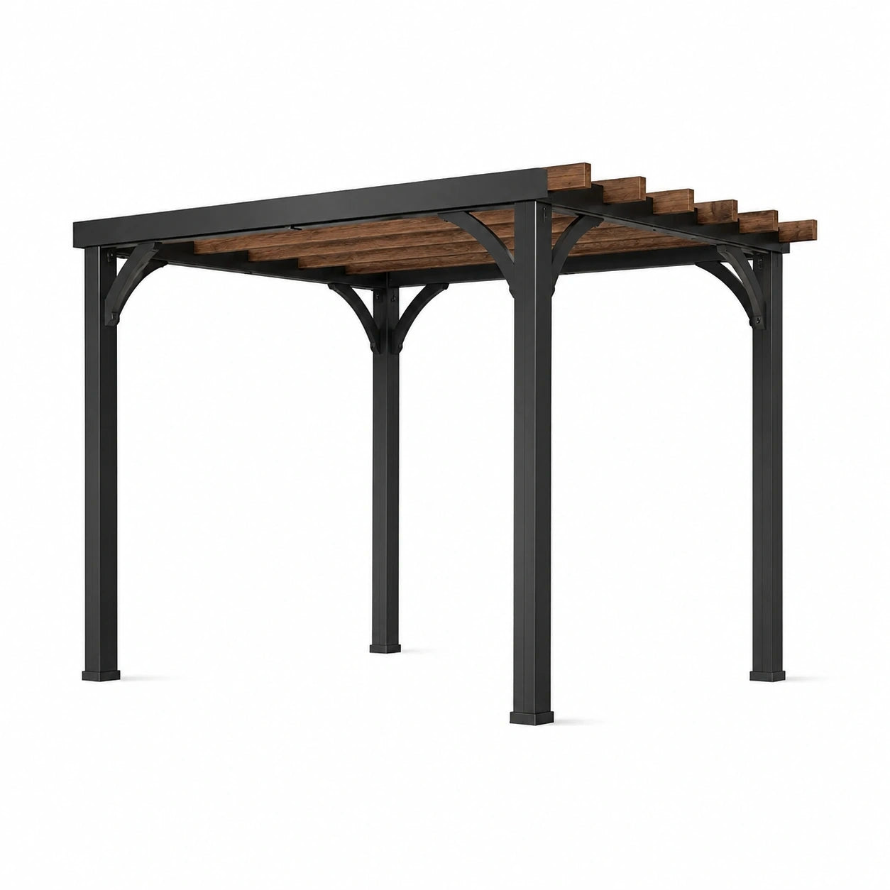 Pergola de jardin en métal noir et bois brun avec toit ajouré, 300 x 300 x 250 cm