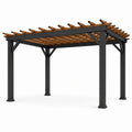 Pergola de jardin autoportante en métal noir et bois brun, 300 x 300 x 250 cm, toiture ajourée