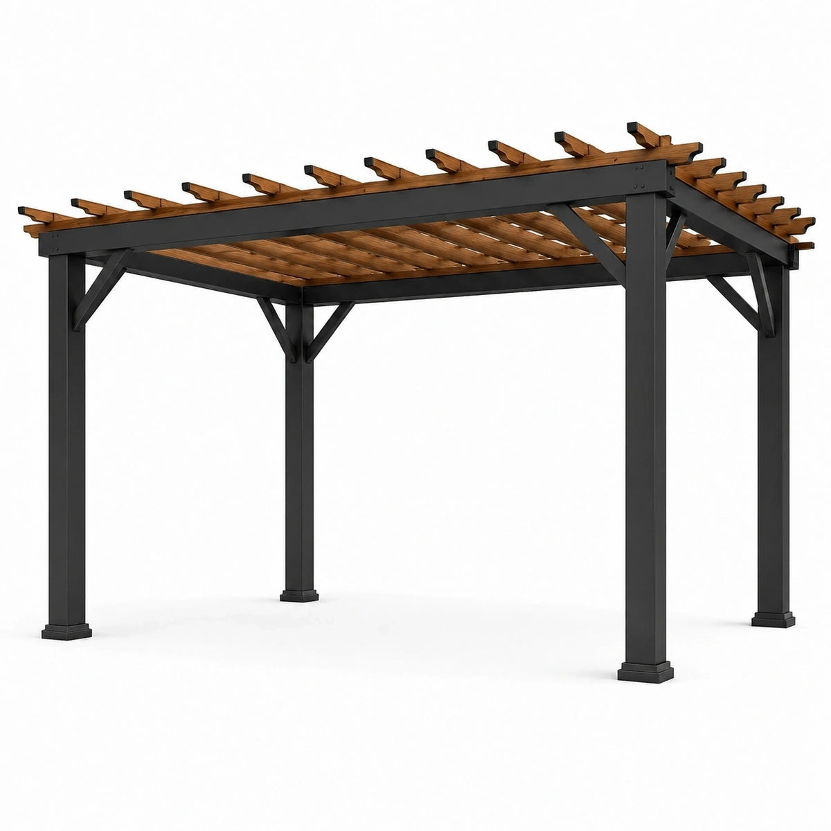 Pergola de jardin autoportante en métal noir et bois brun, 300 x 300 x 250 cm, toiture ajourée
