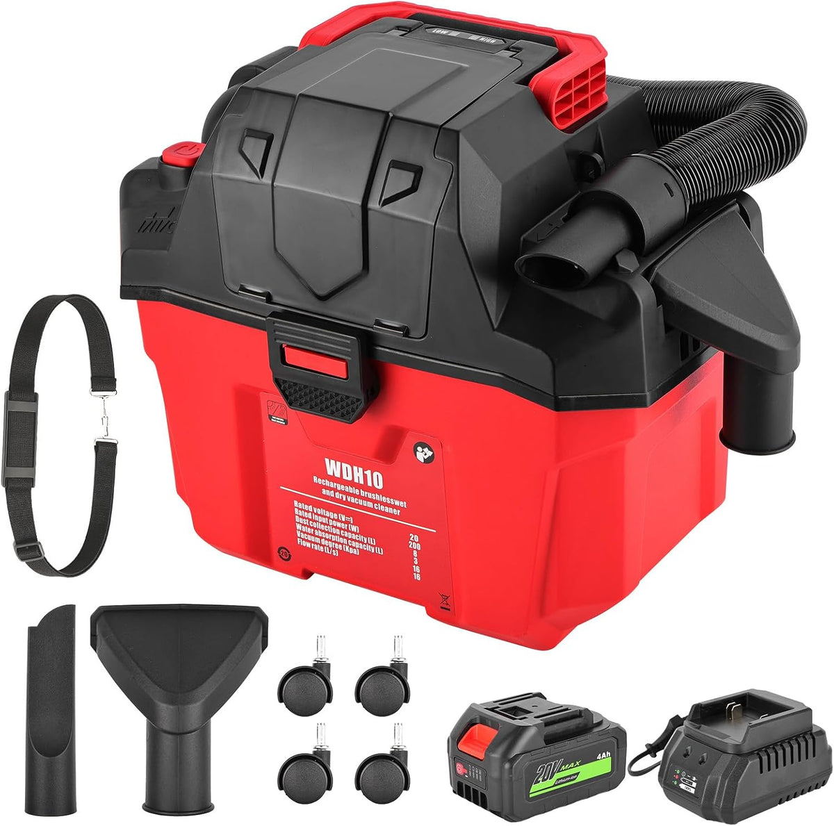 aspirateur eau et poussière Nexalite – 200 W | 16kPa, Noir/Rouge – Aspirateur Sans Fil Eau et Poussière avec Batterie Lithium 4000mAh