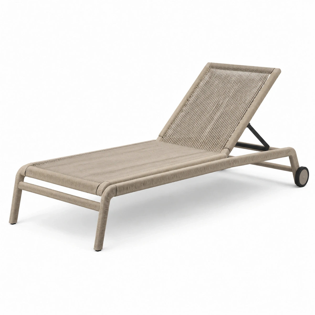 Bain de soleil en métal et corde synthétique tressée beige avec dossier inclinable et roulettes, 200 x 70 x 96 cm