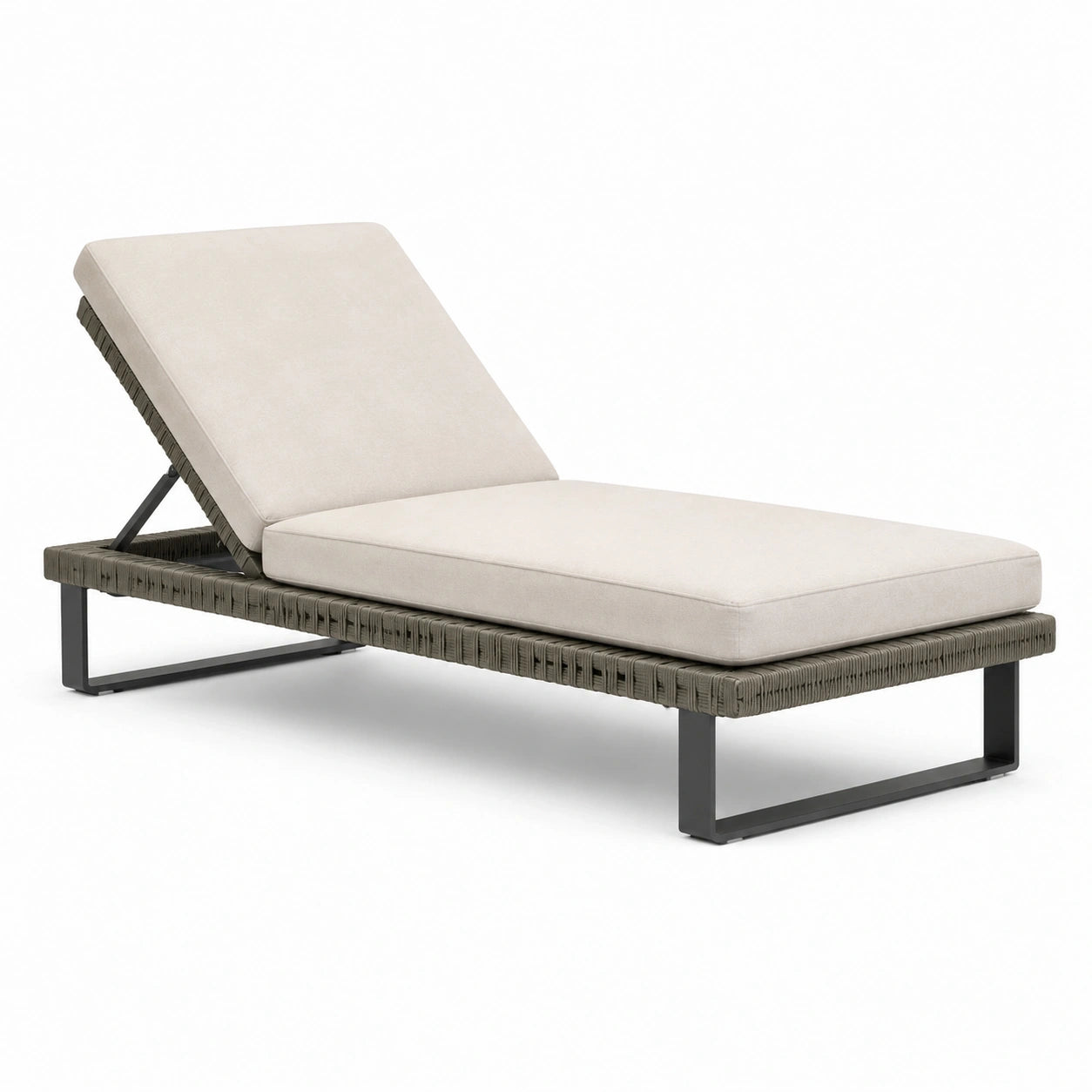 Bain de soleil à dossier inclinable en métal et corde tressée, beige, gris taupe et gris anthracite, 200 x 75 x 35 cm