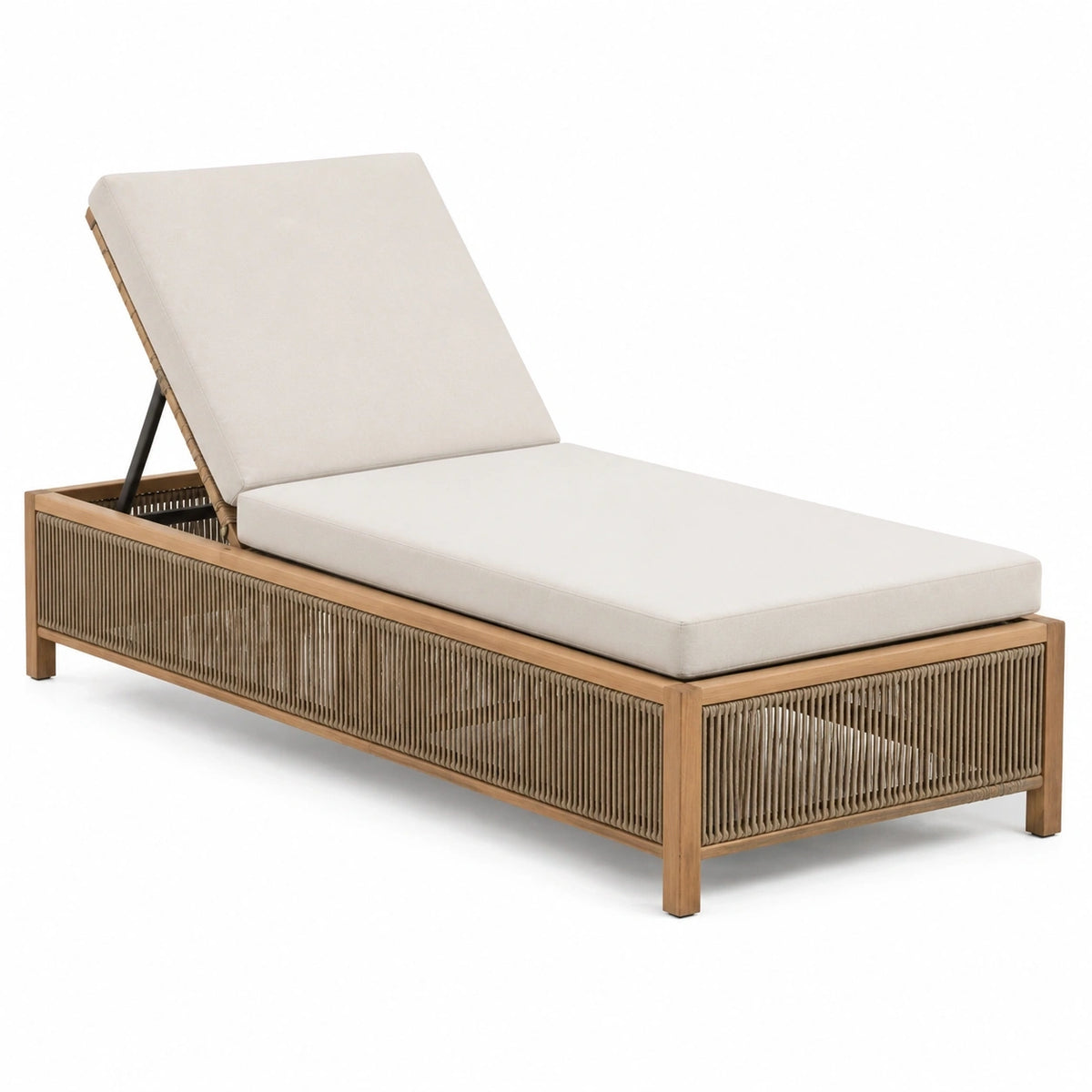 Bain de soleil inclinable en bois naturel, corde tressée taupe et coussins beiges, 200 x 75 x 35 cm