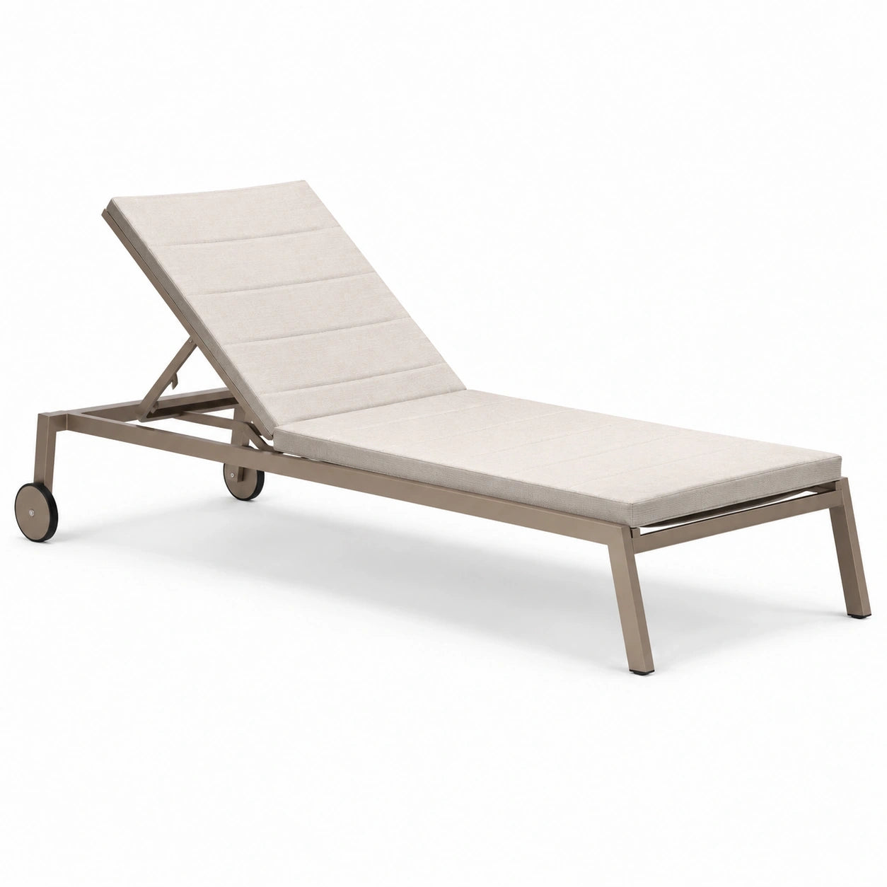 Bain de soleil inclinable en métal taupe et textile rembourré beige avec roulettes, 200 x 70 x 95 cm