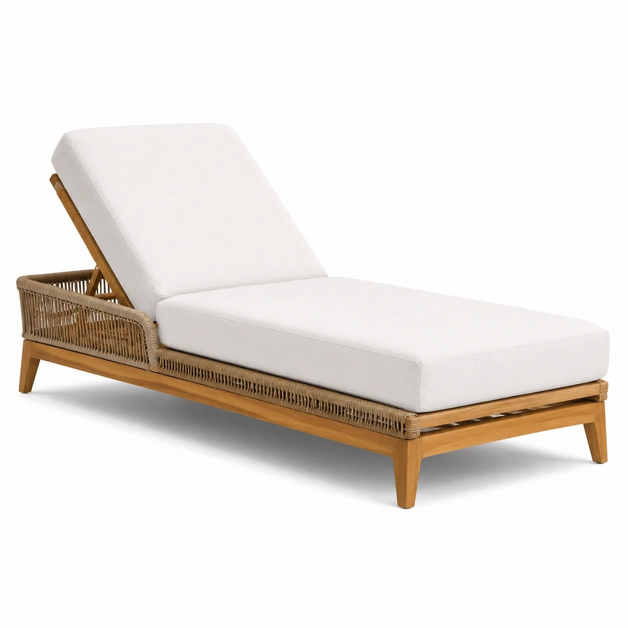 Bain de soleil inclinable en bois naturel et résine tressée beige avec coussins blancs – 200 x 75 x 85 cm