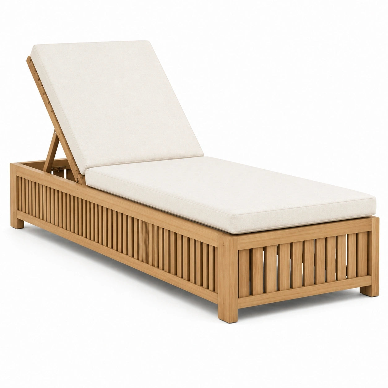 Bain de soleil en bois naturel et tissu écru avec dossier inclinable, 200 x 75 x 90 cm