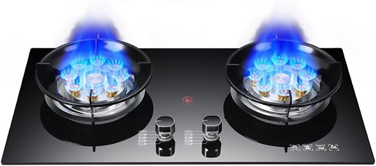 table de cuisson – plaque de cuisson | Noir, à gaz à double brûleur avec surface en verre trempé