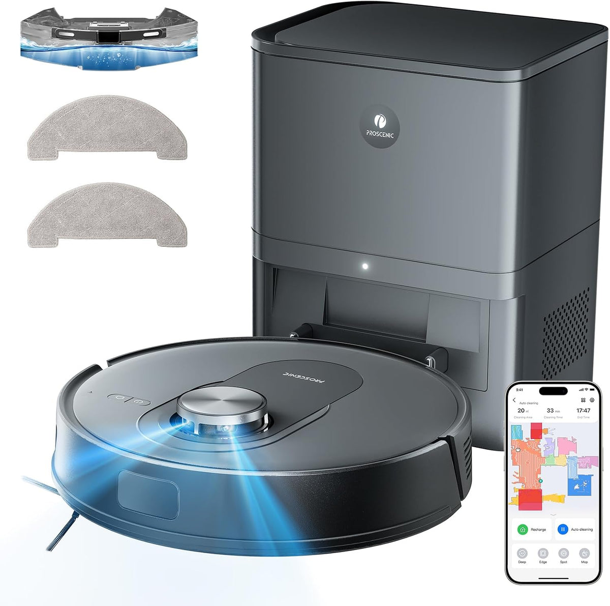 robot aspirateur Proscenic – Gris | Aspirateur Robot Laveur avec Station 6000Pa, Q8 MAX Navigation Lidar avec Multi-étage Cartographie