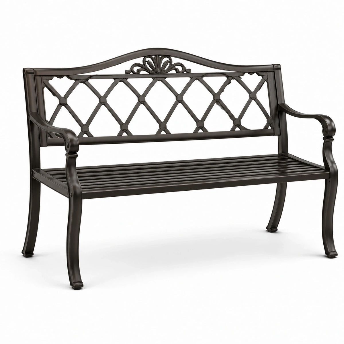 Banc de jardin en métal bronze foncé, 2 places, 125 x 62 x 90 cm, dossier ajouré