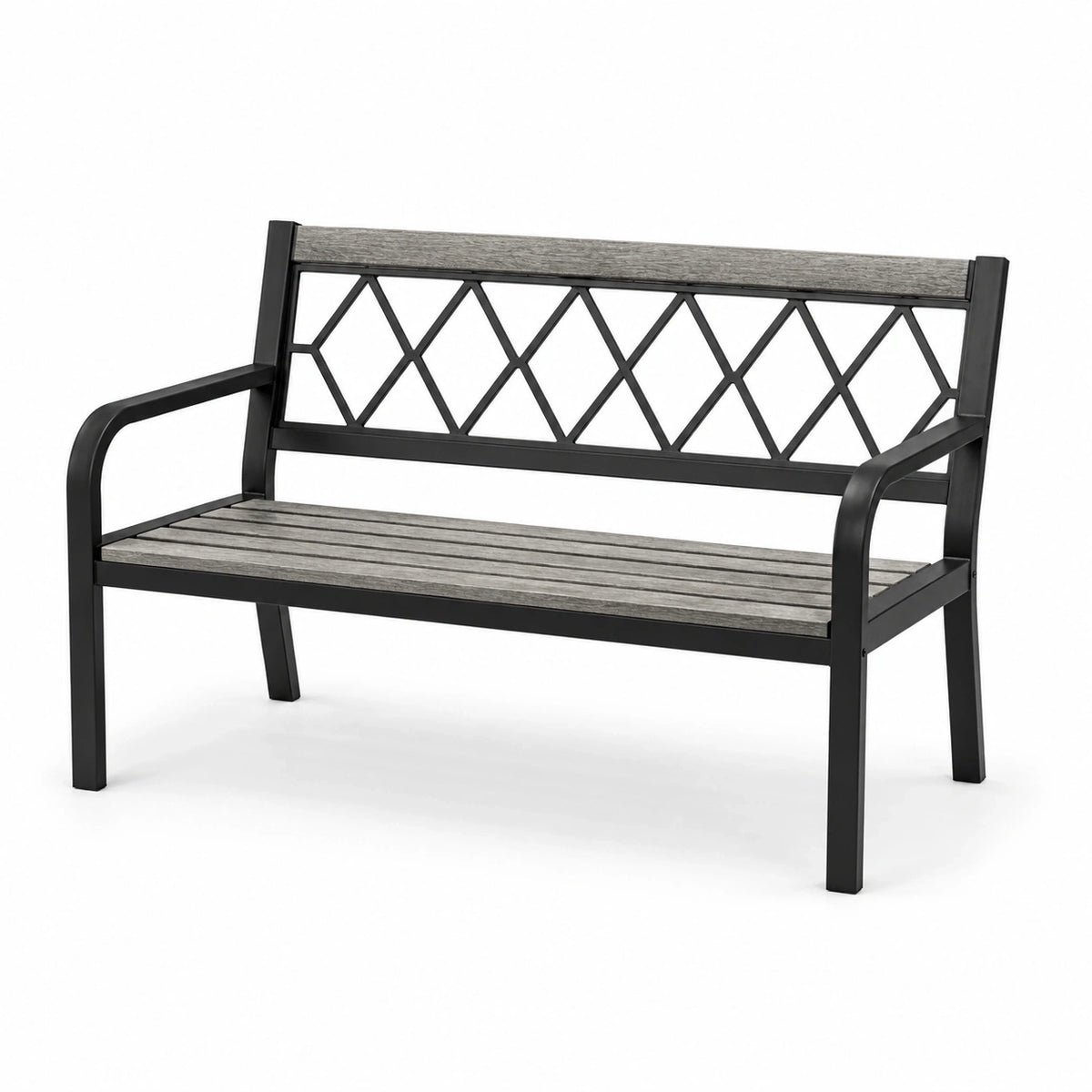 Banc de jardin 2 places en métal noir et composite gris, 127 x 60 x 85 cm