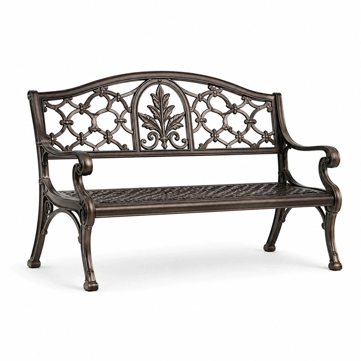 Banc de jardin 2 places en métal bronze, 120 x 60 x 89 cm, dossier ajouré ornemental