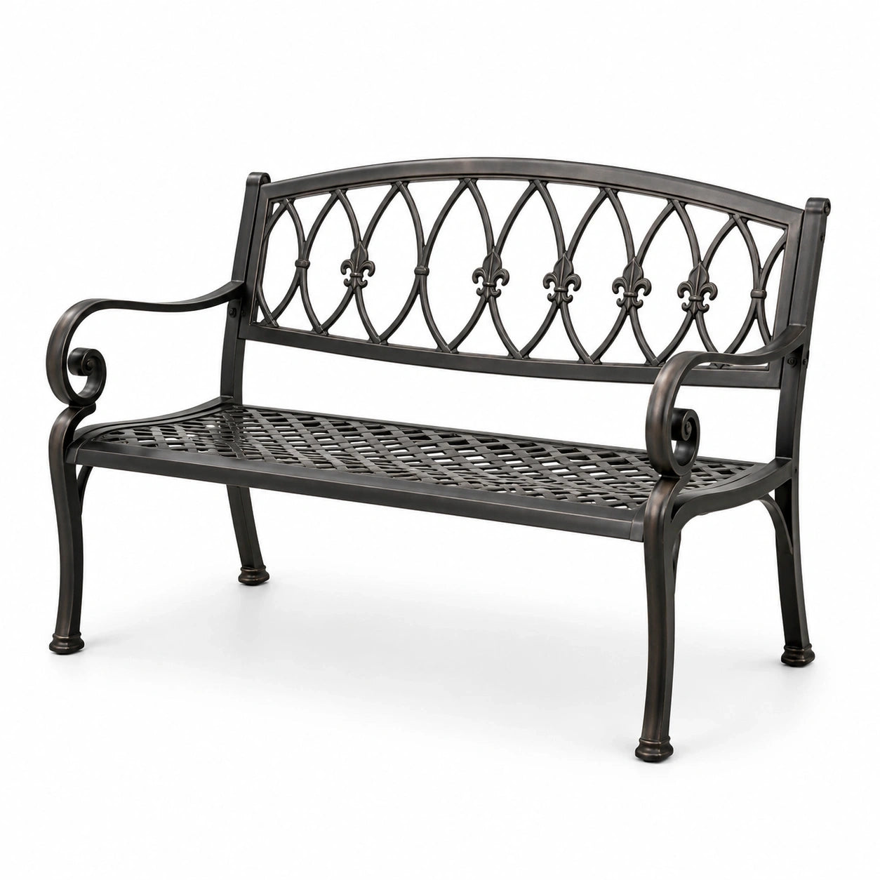 Banc de jardin 2 places en aluminium moulé noir et bronze, 127 x 60 x 89 cm, dossier ajouré
