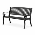 Banc de jardin noir en métal avec dossier à lattes et accoudoirs, 127 x 60 x 85 cm
