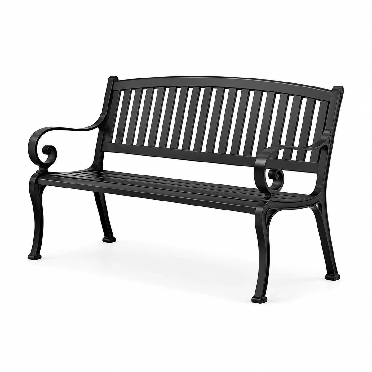 Banc de jardin noir en métal avec dossier à lattes et accoudoirs, 127 x 60 x 85 cm