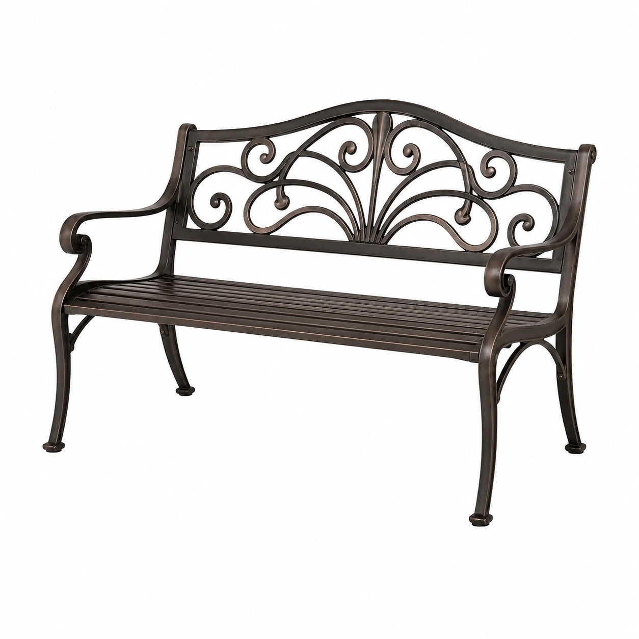 Banc de jardin 2 places en métal bronze foncé avec dossier ornemental, 127 x 60 x 87 cm