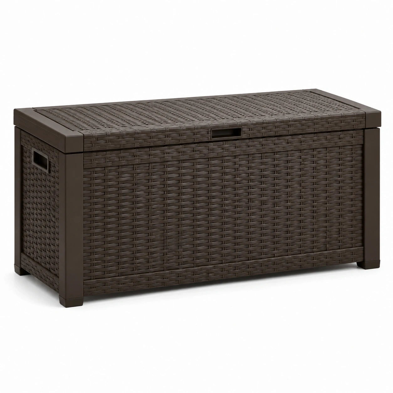 Coffre de rangement extérieur en résine tressée marron foncé avec couvercle, 120 x 60 x 60 cm