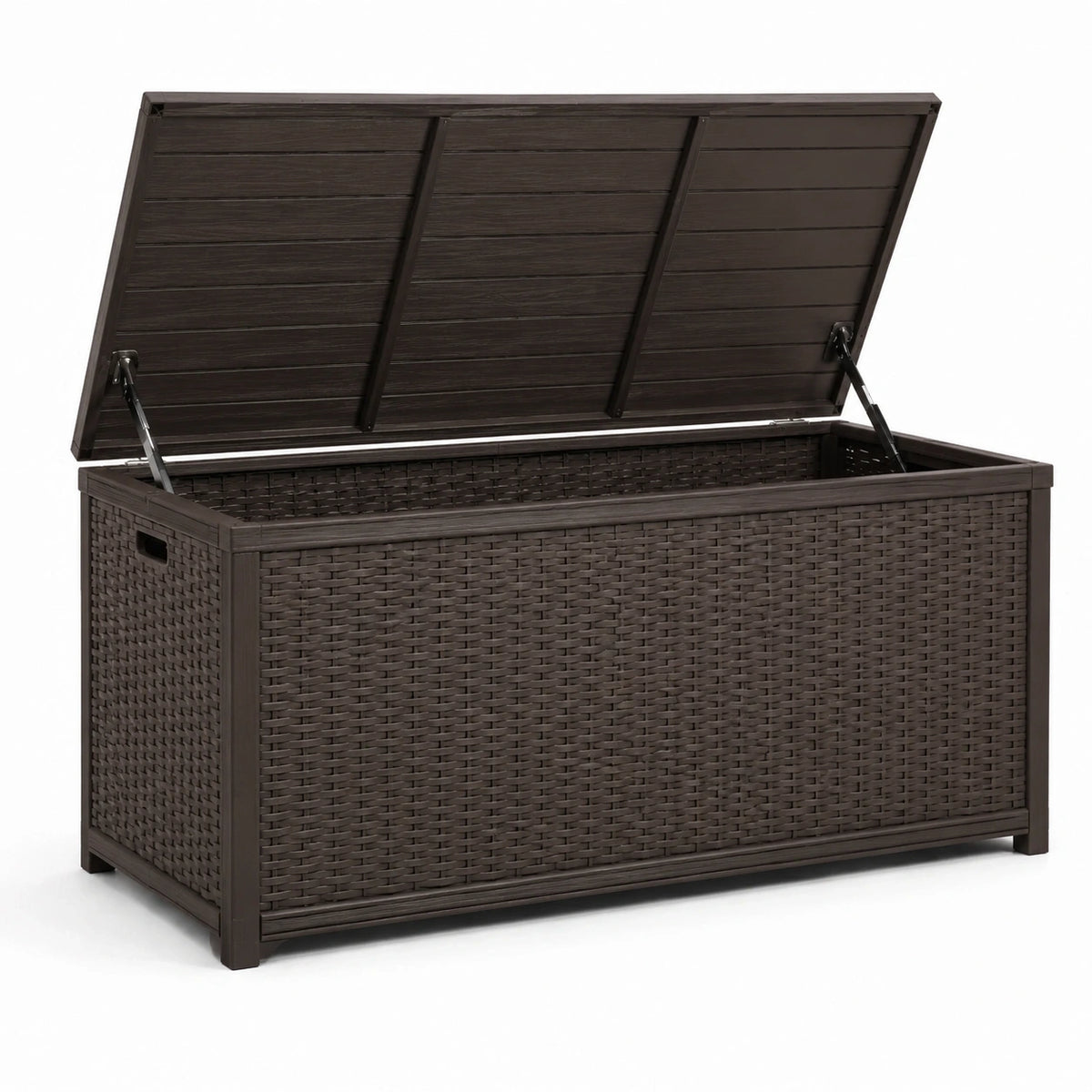 Coffre de rangement extérieur en résine tressée brun foncé, 120 x 55 x 60 cm, couvercle assisté