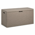Coffre de rangement extérieur en plastique taupe effet rotin avec couvercle, 120 x 54 x 57 cm