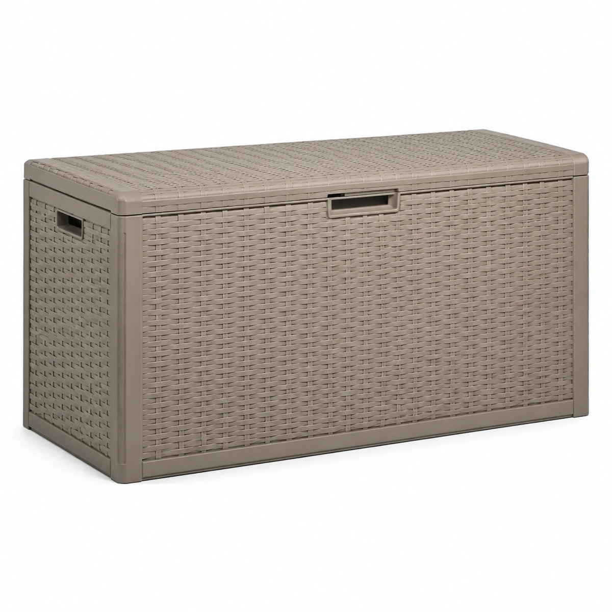 Coffre de rangement extérieur en plastique taupe effet rotin avec couvercle, 120 x 54 x 57 cm