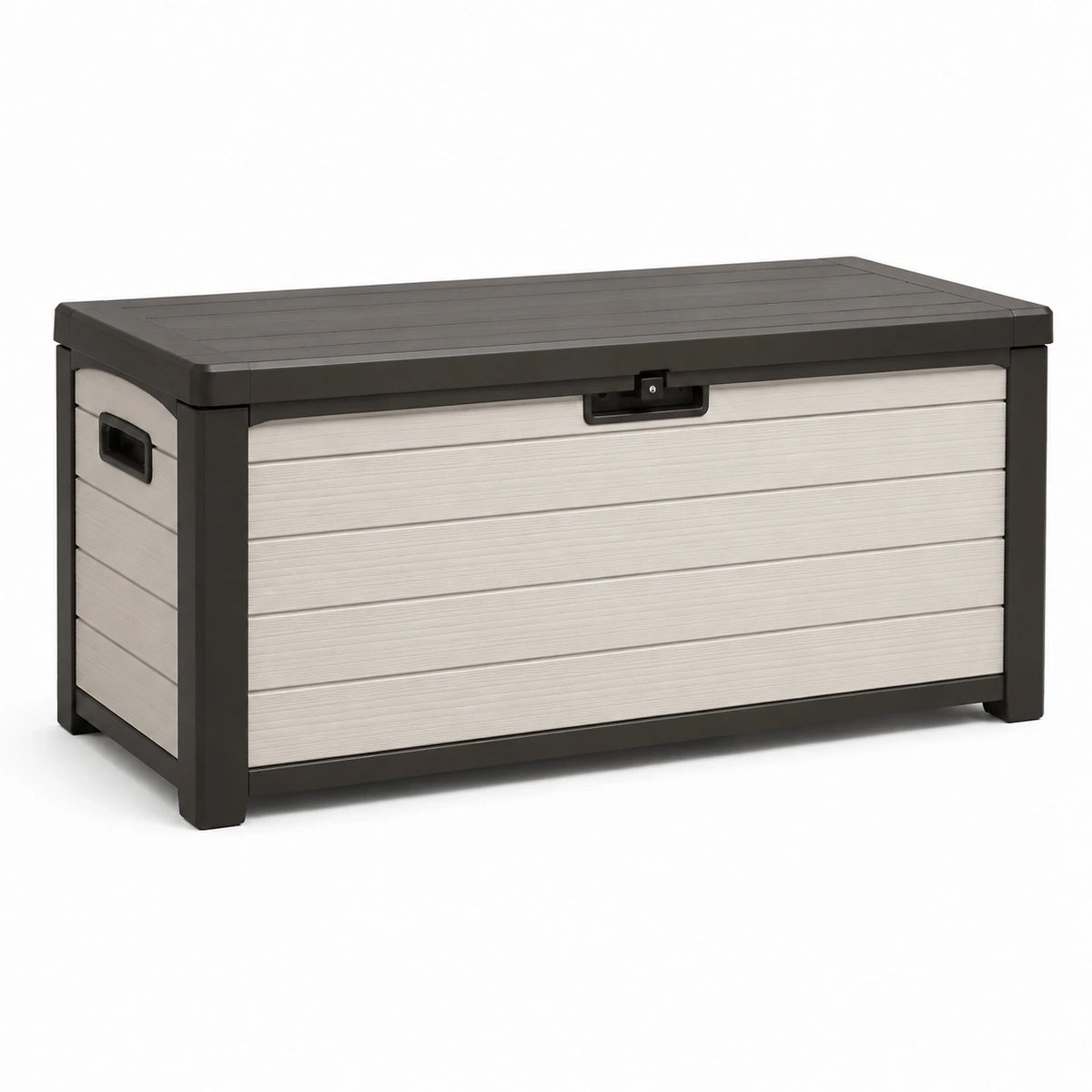 Coffre de rangement extérieur en résine beige clair et anthracite, 145 x 70 x 60 cm, couvercle cadenassable