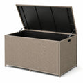 Coffre de rangement extérieur 150 x 75 x 90 cm en résine tressée taupe et métal noir avec couvercle relevable
