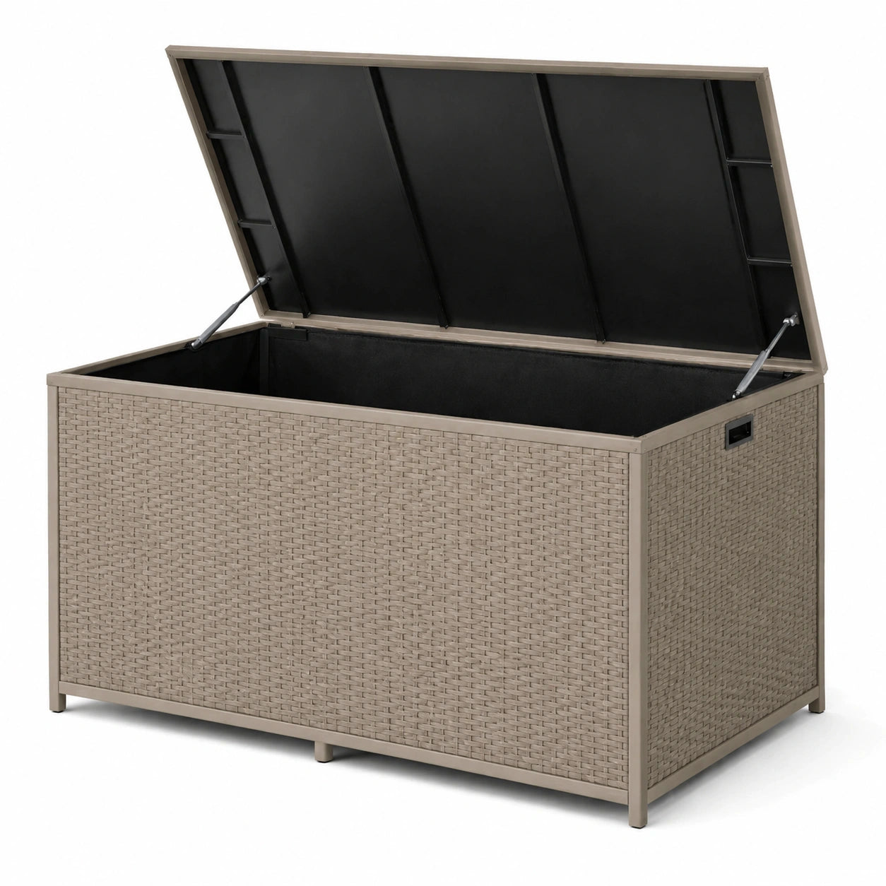 Coffre de rangement extérieur 150 x 75 x 90 cm en résine tressée taupe et métal noir avec couvercle relevable