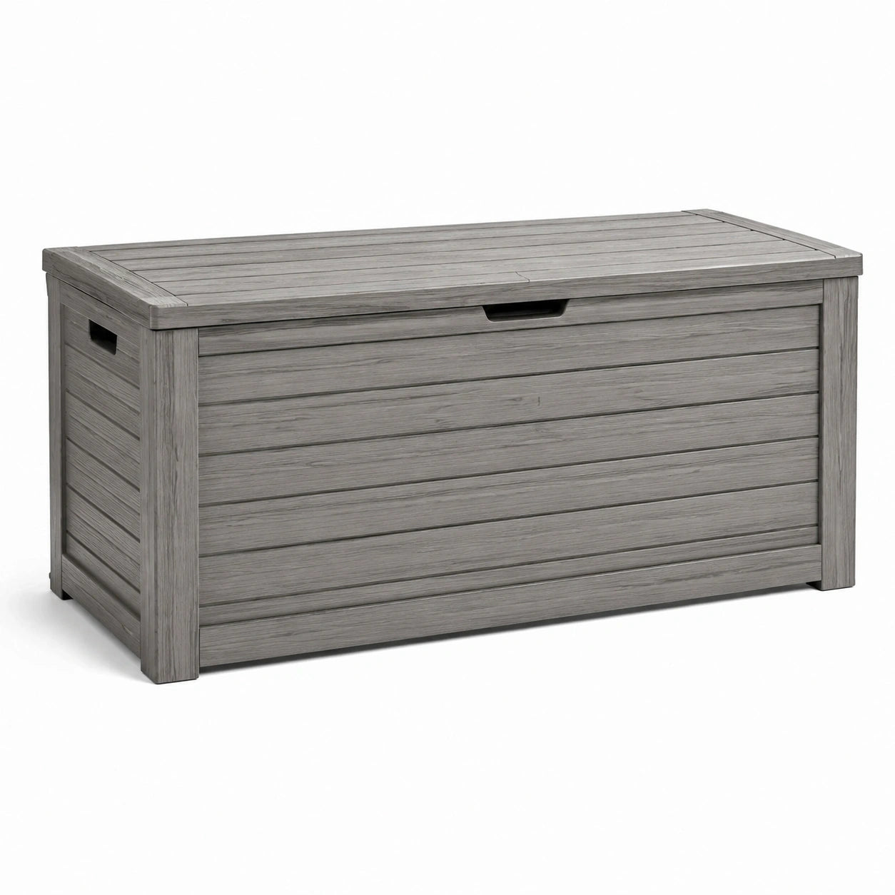 Coffre de rangement extérieur gris aspect bois avec couvercle, 120 x 55 x 60 cm