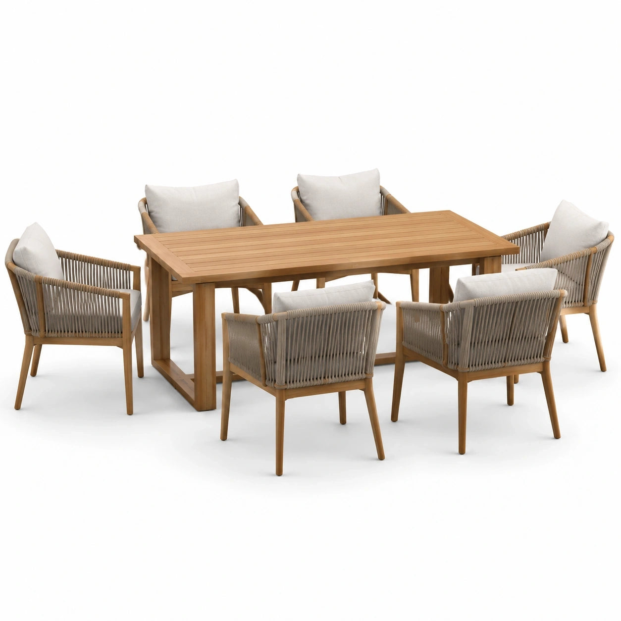 Ensemble repas de jardin 7 pièces avec table 180 x 90 x 75 cm et 6 fauteuils 63 x 64 x 80 cm, brun, beige et blanc cassé