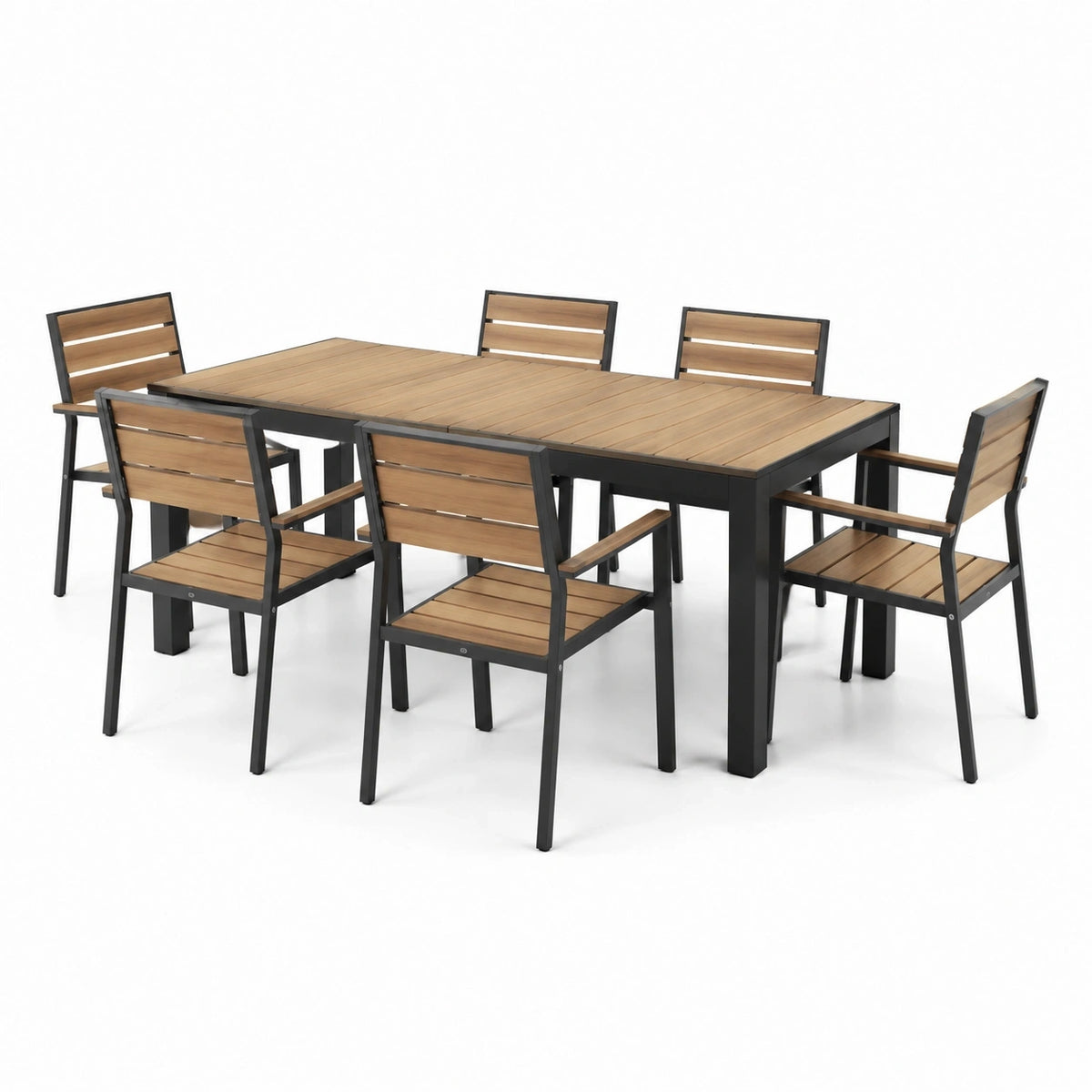 Ensemble de jardin 7 pièces noir et brun avec table 160 x 90 x 75 cm et 6 fauteuils 56 x 58 x 88 cm