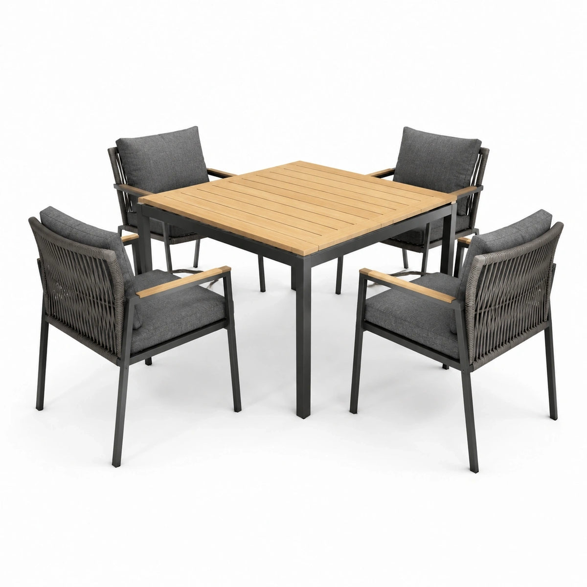 Salon de jardin 5 pièces avec table carrée 120 x 120 x 75 cm et 4 fauteuils 60 x 64 x 84 cm, gris anthracite, gris et bois naturel