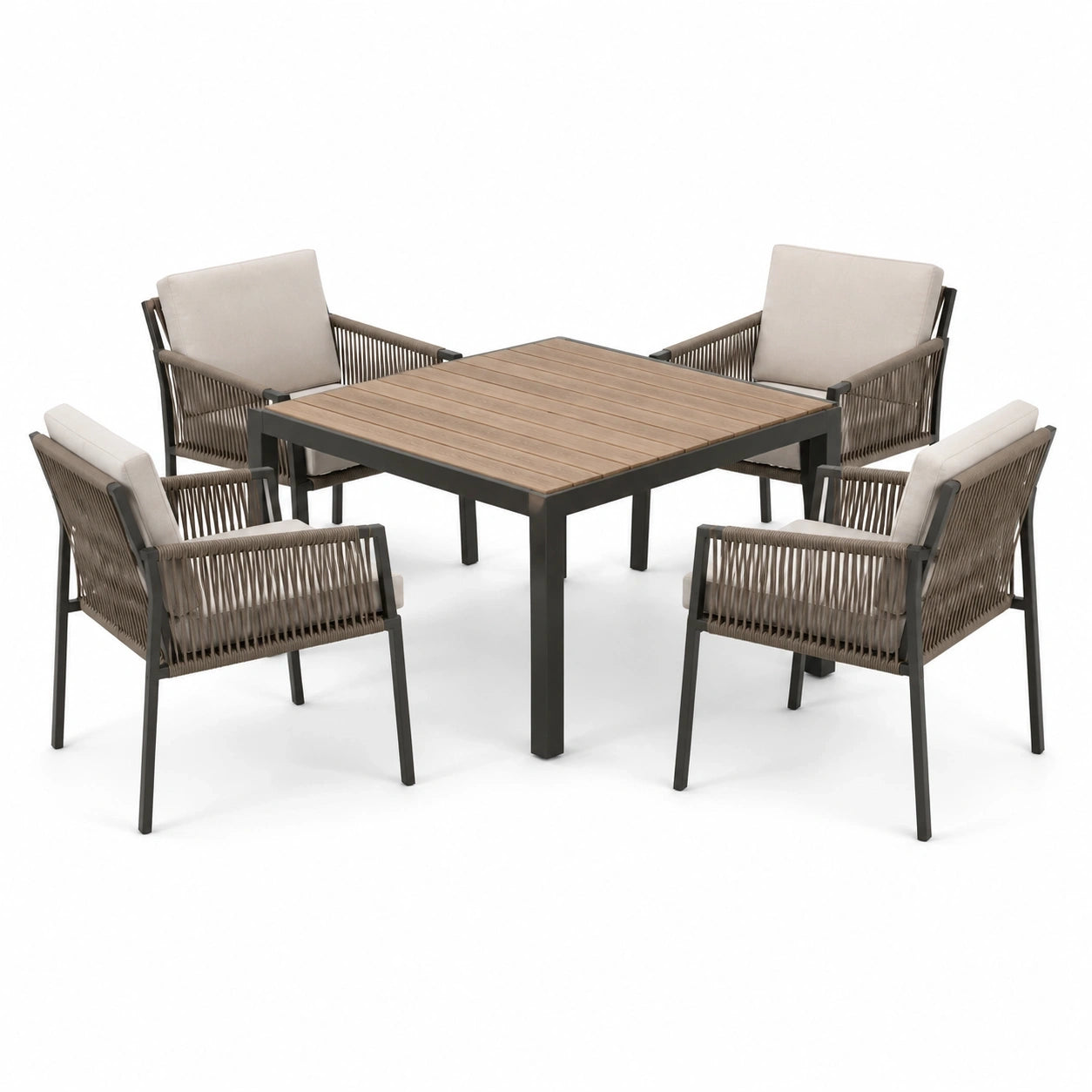 Ensemble repas de jardin 5 pièces avec table carrée 120 x 120 x 75 cm et 4 fauteuils 62 x 65 x 82 cm, brun, beige et anthracite