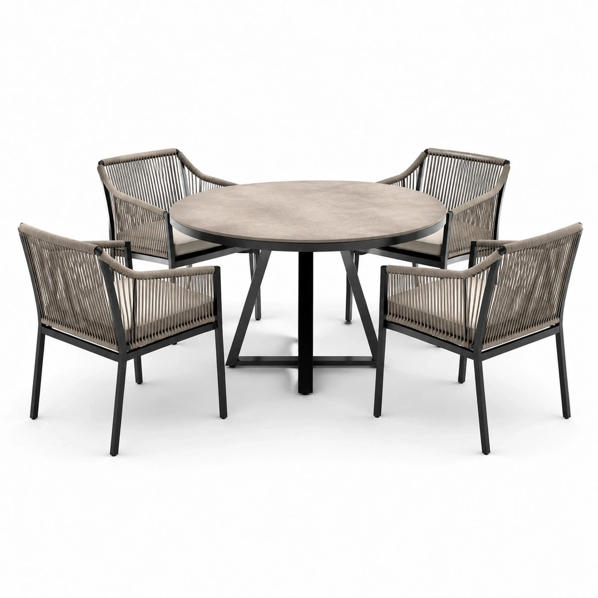 Salon de jardin 5 pièces avec table ronde Ø 120 x H 75 cm et 4 fauteuils 60 x 62 x 83 cm, taupe, noir et beige