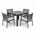 Ensemble repas de jardin 5 pièces, table 100 x 100 x 75 cm et 4 fauteuils 60 x 59 x 86 cm, noir, gris, brun et blanc cassé