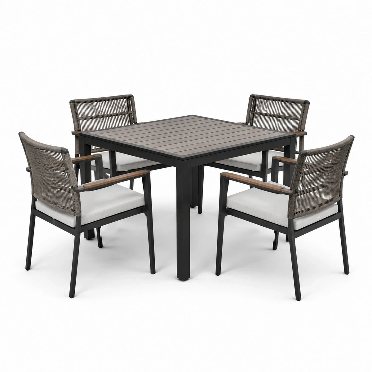 Ensemble repas de jardin 5 pièces, table 100 x 100 x 75 cm et 4 fauteuils 60 x 59 x 86 cm, noir, gris, brun et blanc cassé