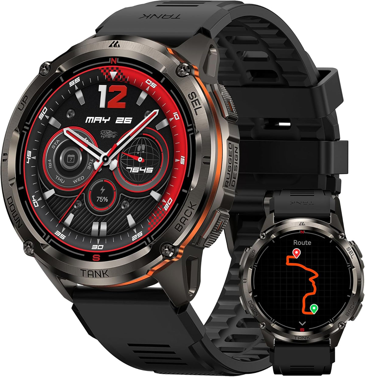 Montres connectées KOSPET – 50M | Noir/Rouge, Tank T3 Ultra 2 Montre Connectée Homme – Batterie de 60 Jours | Corps Entièrement en Métal