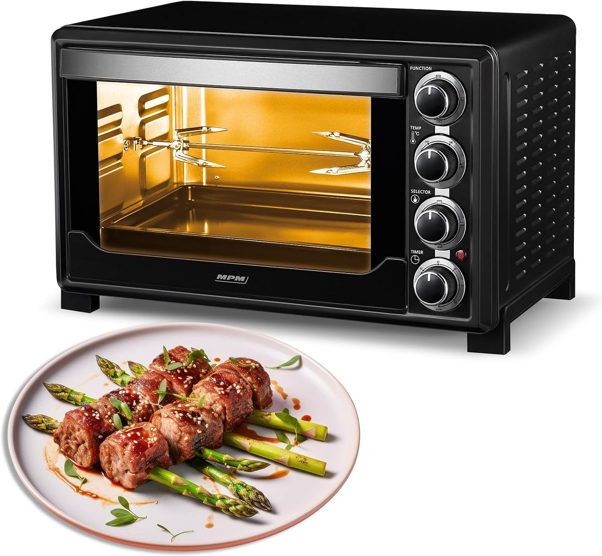 rôtissoire MPM – 32 Litres | 1600 W, Noir – MPE-05/T Four Électrique à Convection | à Poulet, Porte en Verre Double