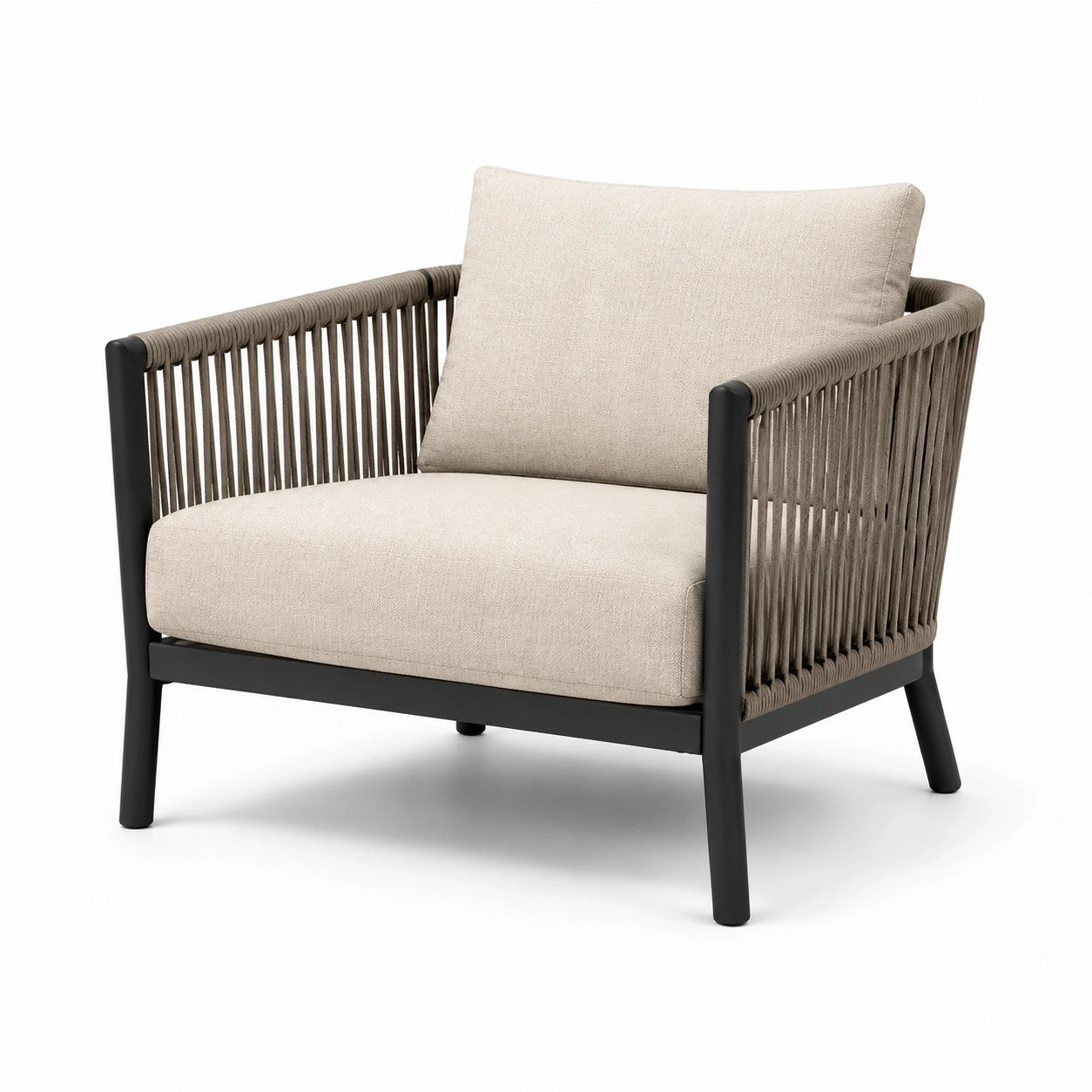 Fauteuil de jardin contemporain en métal noir et cordage taupe avec coussins beiges, 77 x 78 x 78 cm
