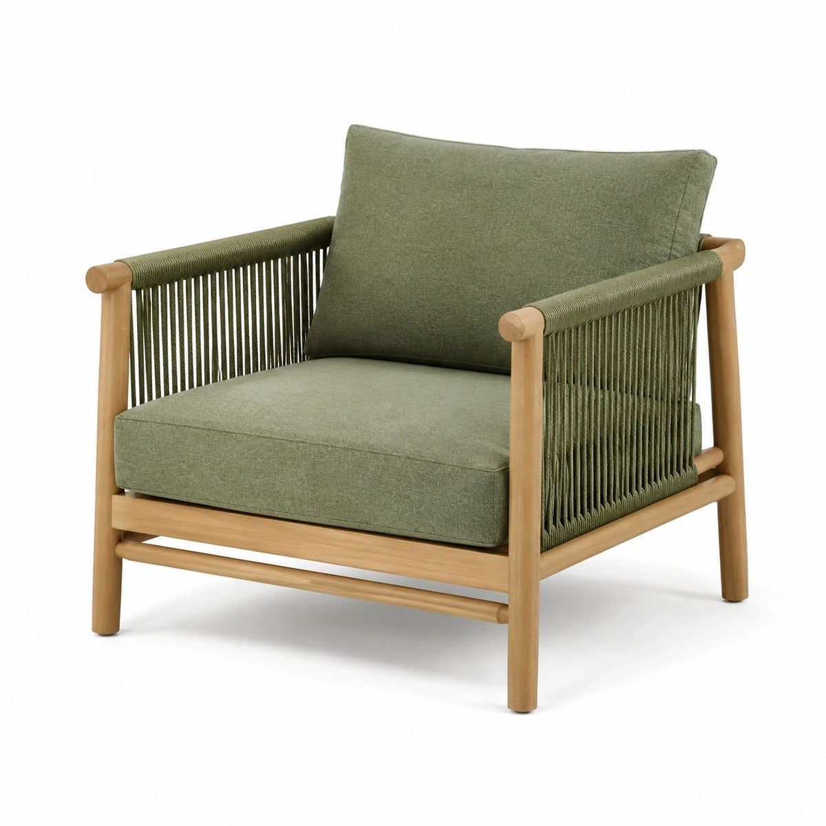 Fauteuil de jardin en bois naturel et corde vert olive avec coussins, 80 x 78 x 80 cm