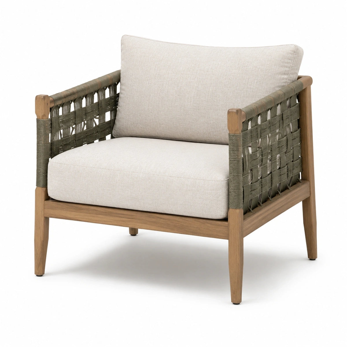 Fauteuil contemporain en bois naturel et corde tressée taupe avec coussins beiges, 80 x 82 x 84 cm
