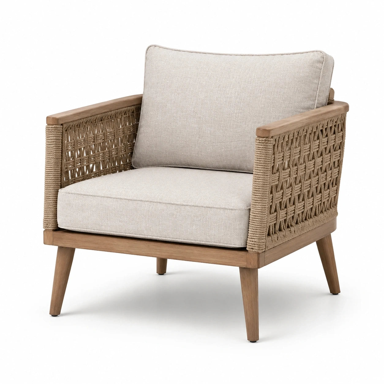 Fauteuil en bois et corde tressée, beige et marron naturel, 78 x 82 x 84 cm