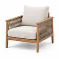 Fauteuil de jardin en bois naturel, corde tressée taupe et coussins beiges, 78 x 82 x 84 cm